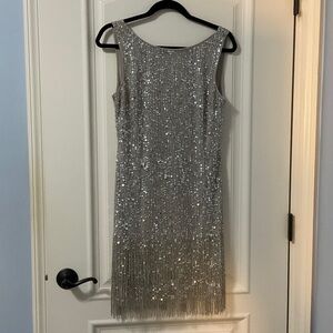 Adrianna Papell Silver Sequin Fringe Midi Dress
